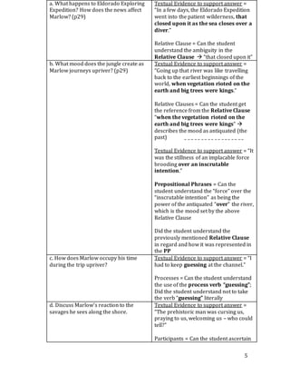 5
a. What happens to Eldorado Exploring
Expedition? How does the news affect
Marlow? (p29)
Textual Evidence to support answer =
“In a few days, the Eldorado Expedition
went into the patient wilderness, that
closed upon it as the sea closes over a
diver.”
Relative Clause = Can the student
understand the ambiguity in the
Relative Clause  “that closed upon it”
b. What mood does the jungle create as
Marlow journeys upriver? (p29)
Textual Evidence to support answer =
“Going up that river was like travelling
back to the earliest beginnings of the
world, when vegetation rioted on the
earth and big trees were kings.”
Relative Clauses = Can the student get
the reference from the Relative Clause
“when the vegetation rioted on the
earth and big trees were kings” 
describes the mood as antiquated (the
past) _ _ _ _ _ _ _ _ _ _ _ _ _ _ _ _ _ _
Textual Evidence to support answer = “It
was the stillness of an implacable force
brooding over an inscrutable
intention.”
Prepositional Phrases = Can the
student understand the “force” over the
“inscrutable intention” as being the
power of the antiquated “over” the river,
which is the mood set by the above
Relative Clause
Did the student understand the
previously mentioned Relative Clause
in regard and how it was represented in
the PP
c. How does Marlow occupy his time
during the trip upriver?
Textual Evidence to support answer = “I
had to keep guessing at the channel.”
Processes = Can the student understand
the use of the process verb “guessing”;
Did the student understand not to take
the verb “guessing” literally
d. Discuss Marlow’s reaction to the
savages he sees along the shore.
Textual Evidence to support answer =
“The prehistoric man was cursing us,
praying to us, welcoming us – who could
tell?”
Participants = Can the student ascertain
 