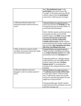 6
that “the prehistoric man” is the
participant, also referredto as the
“savages” in the initial question; did the
student capture that the participant
represents a collect group of savages
e. What does Marlow find at the
abandoned station and how does he
react?
Textual Evidence to support answer = “I
assure you to leave off reading was like
tearing myself away from the shelter of
an old and solid friendship.”
Field = Did the student understand what
was going on in this scene; did the
student capture the field, being that the
narrator has found an item that
connects to current civilization
outside of his travels; did the student
understand how that further emphasizes
the point that this expedition has been
like time travelling to the past
f. Why, in Marlow’s opinion, do the
cannibals not murder and eat the white
men aboard the steamer?
Textual Evidence to support answer =
“And I saw that something restraining,
one of those human secrets that baffle
probability, had come into play here.”
Prepositional Phrase = Did the student
understand the use of the PP’s; did the
student capture the that “of those
human secret” is something that
pertains to the eating preference of the
cannibal
g. Why does Marlow refuse the
manager’s order to continue upriver?
(p37)
Textual Evidence to support answer =
“’I authorize you to take all the risks,’
he said, after a short. ‘I refuse to take
any,’ I said shortly; which was just the
answer he expected, though his its tone
might have surprised him.”
Participant/Message: Did the student
understand who the participant was and
what the message was
 