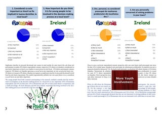 a) Very important 63%
b) Important 33%
c) Not very important 4%
e) Not important at all 0%
z) Don’t know/Don’t
answer
0%
a) Very important 67%
b) Important 25%
c) Not very important 8%
e) Not important at all 0%
z) Don’t know/Don’t
answer
0%
a) Very much 22%
b) Not so much 54%
c) Not interested 22%
d) Not interested at
all
2%
z) Don’t
know/Don’tanswer
0%
a) Very much 71%
b) Not so much 22%
c) Not interested 6%
d) Not interested at
all
0%
z) Don’t
know/Don’tanswer
2%
Implicarea tinerilor in procesul decizional este vazuta in mod similar de catre tinerii din cele doua tari
participante la studiu, 63% dintre respondentii romani, respective 67% dintre cei irlandezi considerand ca
este foarte important ca tinerii sa se implice in acest proces la nivel local. 33% dintre participantii romani,
respectiv 25% dintre cei irlandezi apreciaza ca acest lucru este important, iar intr-un procent foarte mic :
4% dintre cei romani si 8% dintre irlandezi au raspuns ca implicarea tinerilor in procesul decizional la nivel
local nu este foarte importanta. Din randul respondentilor ambelor tari, nici unul dintre ei nu a considerat
ca acest lucru nu este deloc important.
3 4
Daca in ceea ce priveste respondentii romani, proportia celor care sunt foarte mult preocupati este mica,
de doar 22%, la polul opus, irlandezii sunt preocupati de solutionarea problemelor in propriul oras intr-o
proportie destul de ridicata de 71%. Nu foarte mult interesati s-au declarat 54% dintre romani si 22% dintre
irlandezi. Neinteresati de solution- area problemelor in orasul
lor sunt 22 % dintre repondentii romani si doar 6% dintre
cei irlandezi. Desi in proportie mica, 2% din tinerii romani nu
sunt deloc interesati, in timp ce nu exista nici un tanar irlandez
deloc interesat.
1. Considerati ca este
important ca tinerii sa fie
implicati in luarea deciziilor, la
nivel local?
1. How important do you think
it is for young people to be
involved in the decision-making
process at a local level?
2. Dvs. personal, va considerati
preocupat de rezolvarea
problemelor din localitatea
dvs.?
2. Are you personally
concerned of solving problems
in your town?
The young people from both countries participating in the research, similarly consider that the involve-
ment of youngsters in the decision-making process at a local level is very important: 63% of Romanian
respondents and 67% of Irish ones. 33% of Romanians and 25% of Irish youth think it is important, and
a small percentage, 4% from Romania and 8% from Ireland, responded that being involved in the deci-
sion-making process at a local level is not very important.
When we talk about the Romanian participants, the percent-
age of those who are very much con- cerned is quite low, only
2%. On the contrast, a very high percentage of Irish people,
71%, are very much concerned of solving problems in their
town. Not very much interested are 54% of Romanians and 22% of Irish. 22% of Romanian young people
and just 6% of Irish young people declared that they are not interested in solving problems in their town.
There is a small percentage of 2% of Romanians who are not interested at all, while there is not any Irish.
 