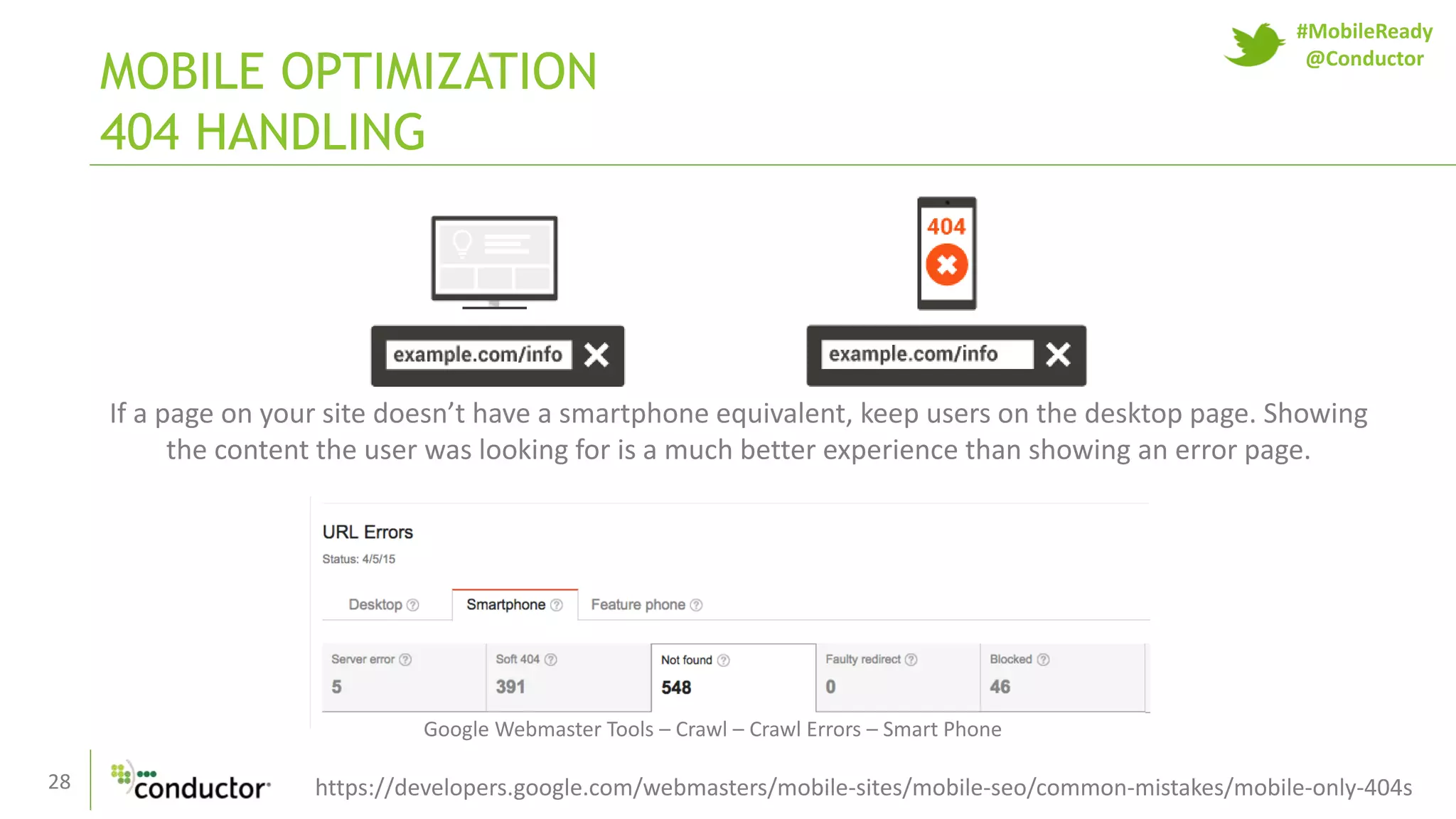 28
MOBILE OPTIMIZATION
404 HANDLING
If a page on your site doesn’t have a smartphone equivalent, keep users on the desktop page. Showing
the content the user was looking for is a much better experience than showing an error page.
Google Webmaster Tools – Crawl – Crawl Errors – Smart Phone
https://developers.google.com/webmasters/mobile-sites/mobile-seo/common-mistakes/mobile-only-404s
#MobileReady
@Conductor
 