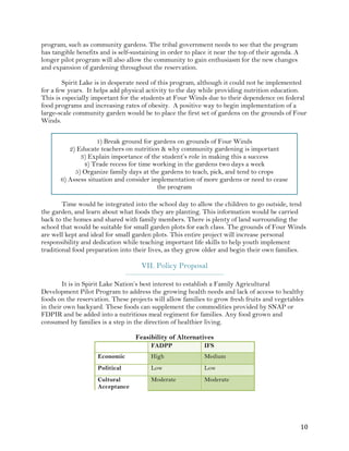 ! "%!
program, such as community gardens. The tribal government needs to see that the program
has tangible benefits and is self-sustaining in order to place it near the top of their agenda. A
longer pilot program will also allow the community to gain enthusiasm for the new changes
and expansion of gardening throughout the reservation.
Spirit Lake is in desperate need of this program, although it could not be implemented
for a few years. It helps add physical activity to the day while providing nutrition education.
This is especially important for the students at Four Winds due to their dependence on federal
food programs and increasing rates of obesity. A positive way to begin implementation of a
large-scale community garden would be to place the first set of gardens on the grounds of Four
Winds.
Time would be integrated into the school day to allow the children to go outside, tend
the garden, and learn about what foods they are planting. This information would be carried
back to the homes and shared with family members. There is plenty of land surrounding the
school that would be suitable for small garden plots for each class. The grounds of Four Winds
are well kept and ideal for small garden plots. This entire project will increase personal
responsibility and dedication while teaching important life skills to help youth implement
traditional food preparation into their lives, as they grow older and begin their own families.
VII. Policy Proposal
___________________________________________
It is in Spirit Lake Nation’s best interest to establish a Family Agricultural
Development Pilot Program to address the growing health needs and lack of access to healthy
foods on the reservation. These projects will allow families to grow fresh fruits and vegetables
in their own backyard. These foods can supplement the commodities provided by SNAP or
FDPIR and be added into a nutritious meal regiment for families. Any food grown and
consumed by families is a step in the direction of healthier living.
Feasibility of Alternatives
FADPP IFS
Economic High Medium
Political Low Low
Cultural
Acceptance
Moderate Moderate
1) Break ground for gardens on grounds of Four Winds
2) Educate teachers on nutrition & why community gardening is important
3) Explain importance of the student’s role in making this a success
4) Trade recess for time working in the gardens two days a week
5) Organize family days at the gardens to teach, pick, and tend to crops
6) Assess situation and consider implementation of more gardens or need to cease
the program
 