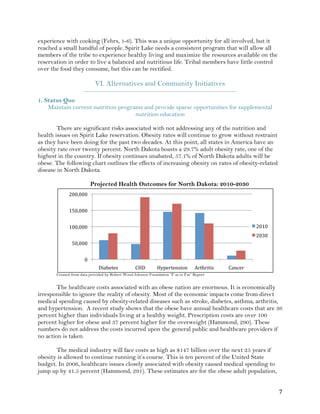 ! D!
experience with cooking (Fehrs, 1-6). This was a unique opportunity for all involved, but it
reached a small handful of people. Spirit Lake needs a consistent program that will allow all
members of the tribe to experience healthy living and maximize the resources available on the
reservation in order to live a balanced and nutritious life. Tribal members have little control
over the food they consume, but this can be rectified.
VI. Alternatives and Community Initiatives
_________________________________________________________________________
1. Status Quo
Maintain current nutrition programs and provide sparse opportunities for supplemental
nutrition education
There are significant risks associated with not addressing any of the nutrition and
health issues on Spirit Lake reservation. Obesity rates will continue to grow without restraint
as they have been doing for the past two decades. At this point, all states in America have an
obesity rate over twenty percent. North Dakota boasts a 29.7% adult obesity rate, one of the
highest in the country. If obesity continues unabated, 57.1% of North Dakota adults will be
obese. The following chart outlines the effects of increasing obesity on rates of obesity-related
disease in North Dakota.
Projected Health Outcomes for North Dakota: 2010-2030
Created from data provided by Robert Wood Johnson Foundation “F as in Fat” Report
The healthcare costs associated with an obese nation are enormous. It is economically
irresponsible to ignore the reality of obesity. Most of the economic impacts come from direct
medical spending caused by obesity-related diseases such as stroke, diabetes, asthma, arthritis,
and hypertension. A recent study shows that the obese have annual healthcare costs that are 36
percent higher than individuals living at a healthy weight. Prescription costs are over 100
percent higher for obese and 37 percent higher for the overweight (Hammond, 290). These
numbers do not address the costs incurred upon the general public and healthcare providers if
no action is taken.
The medical industry will face costs as high as $147 billion over the next 25 years if
obesity is allowed to continue running it’s course. This is ten percent of the United State
budget. In 2006, healthcare issues closely associated with obesity caused medical spending to
jump up by 41.5 percent (Hammond, 291). These estimates are for the obese adult population,
%!
)%S%%%!
"%%S%%%!
")%S%%%!
#%%S%%%!
G40H,/,@! L3G! 32J,1/,.@49.! I1/614/4@! L0.8,1!
#%"%!
#%$%!
 