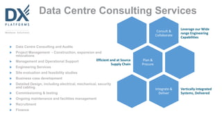 Consult &
Collaborate
Leverage our Wide
range Engineering
Capabilities
Plan &
Procure
Efficient and at Source
Supply Chain
Integrate &
Deliver
Vertically Integrated
Systems, Delivered
 Data Centre Consulting and Audits
 Project Management - Construction, expansion and
relocations
 Management and Operational Support
 Engineering Services
 Site evaluation and feasibility studies
 Business case development
 Detailed Design, including electrical, mechanical, security
and cabling
 Commissioning & testing
 Ongoing maintenance and facilities management
 Recruitment
 Finance
Data Centre Consulting Services
 