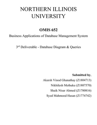 NORTHERN ILLINOIS
UNIVERSITY
OMIS 652
Business Applications of Database Management System
3rd
Deliverable - Database Diagram & Queries
Submitted by,
Akarsh Vinod Ghanathay (Z1804713)
Nikhilesh Methuku (Z1807570)
Shaik Nisar Ahmed (Z1780816)
Syed Mahmood Hasan (Z1774742)
 