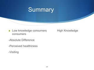 Summary
S Low knowledge consumers High Knowledge
consumers
-Absolute Difference
-Perceived healthiness
-Visiting
29
 