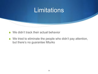 Limitations
S We didn’t track their actual behavior
S We tried to eliminate the people who didn’t pay attention,
but there’s no guarantee Mturks
30
 