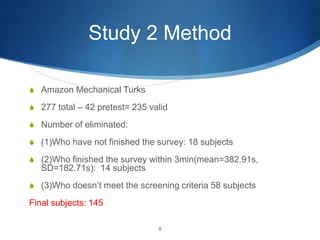 Study 2 Method
S Amazon Mechanical Turks
S 277 total – 42 pretest= 235 valid
S Number of eliminated:
S (1)Who have not finished the survey: 18 subjects
S (2)Who finished the survey within 3min(mean=382.91s,
SD=182.71s): 14 subjects
S (3)Who doesn’t meet the screening criteria 58 subjects
Final subjects: 145
8
 