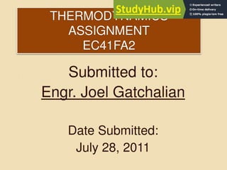 THERMODYNAMICS
ASSIGNMENT
EC41FA2
Submitted to:
Engr. Joel Gatchalian
Date Submitted:
July 28, 2011
 