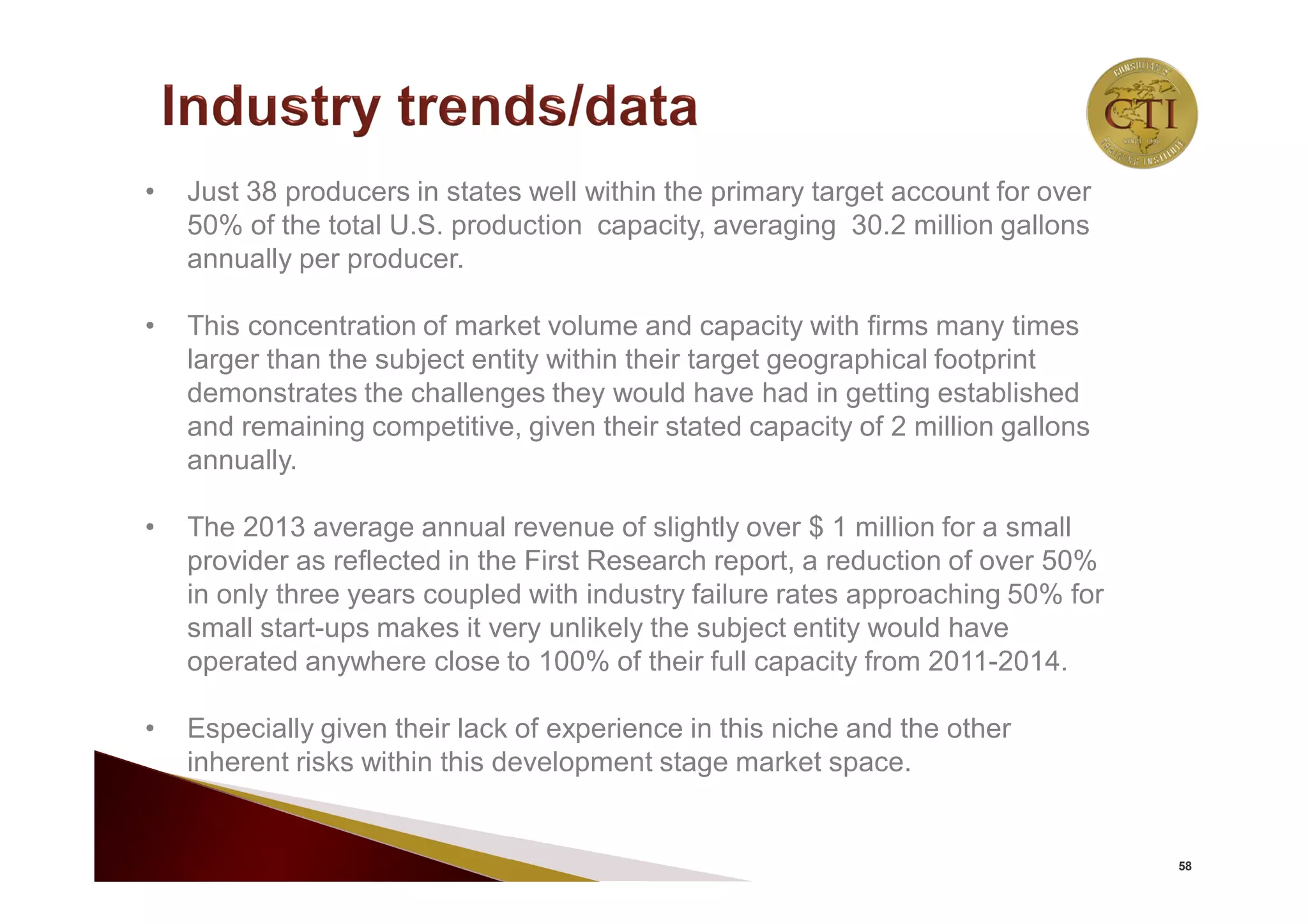 58
• Just 38 producers in states well within the primary target account for over
50% of the total U.S. production capacity, averaging 30.2 million gallons
annually per producer.
• This concentration of market volume and capacity with firms many times
larger than the subject entity within their target geographical footprint
demonstrates the challenges they would have had in getting established
and remaining competitive, given their stated capacity of 2 million gallons
annually.
• The 2013 average annual revenue of slightly over $ 1 million for a small
provider as reflected in the First Research report, a reduction of over 50%
in only three years coupled with industry failure rates approaching 50% for
small start-ups makes it very unlikely the subject entity would have
operated anywhere close to 100% of their full capacity from 2011-2014.
• Especially given their lack of experience in this niche and the other
inherent risks within this development stage market space.
 