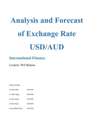 Analysis and Forecast
of Exchange Rate
USD/AUD
International Finance
Lecturer: Wil Martens
Group member
Vu Duy Phat s3461583
Le Thao Ngoc s3480700
Le Duc Manh s3461882
Je Woo Nam s3481905
Vuong Minh Chau s3461886
 