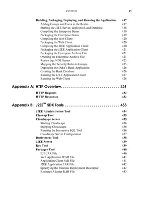 CONTENTS xv
Building, Packaging, Deploying, and Running the Application 417
Adding Groups and Users to the Realm 417
Starting the J2EE Server, deploytool, and Database 418
Compiling the Enterprise Beans 419
Packaging the Enterprise Beans 419
Compiling the Web Client 420
Packaging the Web Client 420
Compiling the J2EE Application Client 420
Packaging the J2EE Application Client 421
Packaging the Enterprise Archive File 421
Opening the Enterprise Archive File 421
Reviewing JNDI Names 423
Mapping the Security Roles to Groups 425
Deploying the Duke’s Bank Application 426
Creating the Bank Database 426
Running the J2EE Application Client 427
Running the Web Client 428
Appendix A: HTTP Overview. . . . . . . . . . . . . . . . . . . . . . . . . . . . . 431
HTTP Requests 432
HTTP Responses 432
Appendix B: J2EE™
SDK Tools . . . . . . . . . . . . . . . . . . . . . . . . . . . 433
J2EE Administration Tool 434
Cleanup Tool 435
Cloudscape Server 435
Starting Cloudscape 436
Stopping Cloudscape 436
Running the Interactive SQL Tool 436
Cloudscape Server Configuration 437
Deployment Tool 438
J2EE Server 439
Key Tool 439
Packager Tool 440
EJB JAR File 440
Web Application WAR File 441
Application Client JAR File 441
J2EE Application EAR File 442
Specifying the Runtime Deployment Descriptor 442
Resource Adapter RAR File 443
 