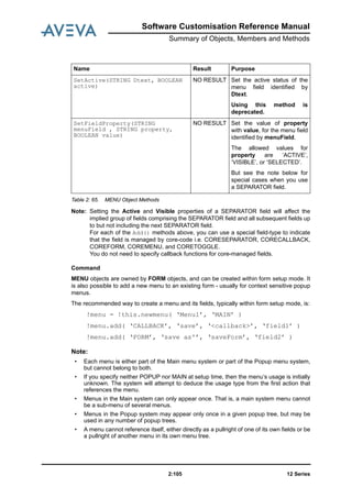 Software Customisation Reference Manual
Summary of Objects, Members and Methods
12 Series2:105
Table 2: 65. MENU Object Methods
Note: Setting the Active and Visible properties of a SEPARATOR field will affect the
implied group of fields comprising the SEPARATOR field and all subsequent fields up
to but not including the next SEPARATOR field.
For each of the Add() methods above, you can use a special field-type to indicate
that the field is managed by core-code i.e. CORESEPARATOR, CORECALLBACK,
COREFORM, COREMENU, and CORETOGGLE.
You do not need to specify callback functions for core-managed fields.
Command
MENU objects are owned by FORM objects, and can be created within form setup mode. It
is also possible to add a new menu to an existing form - usually for context sensitive popup
menus.
The recommended way to create a menu and its fields, typically within form setup mode, is:
!menu = !this.newmenu( ‘Menu1’, ‘MAIN’ )
!menu.add( ‘CALLBACK’, ‘save’, ‘<callback>’, ‘field1’ )
!menu.add( ‘FORM’, ‘save asº’, ‘saveForm’, ‘field2’ )
Note:
• Each menu is either part of the Main menu system or part of the Popup menu system,
but cannot belong to both.
• If you specify neither POPUP nor MAIN at setup time, then the menu’s usage is initially
unknown. The system will attempt to deduce the usage type from the first action that
references the menu.
• Menus in the Main system can only appear once. That is, a main system menu cannot
be a sub-menu of several menus.
• Menus in the Popup system may appear only once in a given popup tree, but may be
used in any number of popup trees.
• A menu cannot reference itself, either directly as a pullright of one of its own fields or be
a pullright of another menu in its own menu tree.
SetActive(STRING Dtext, BOOLEAN
active)
NO RESULT Set the active status of the
menu field identified by
Dtext.
Using this method is
deprecated.
SetFieldProperty(STRING
menuField , STRING property,
BOOLEAN value)
NO RESULT Set the value of property
with value, for the menu field
identified by menuField.
The allowed values for
property are ‘ACTIVE’,
‘VISIBLE’, or ‘SELECTED’.
But see the note below for
special cases when you use
a SEPARATOR field.
Name Result Purpose
 