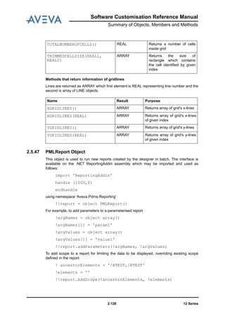 12 Series2:128
Software Customisation Reference Manual
Summary of Objects, Members and Methods
Methods that return information of gridlines
Lines are returned as ARRAY which first element is REAL representing line number and the
second is array of LINE objects.
2.5.47 PMLReport Object
This object is used to run new reports created by the designer in batch. The interface is
available on the .NET ReportingAddin assembly which may be imported and used as
follows:
import 'ReportingAddin'
handle (1000,0)
endhandle
using namespace 'Aveva.Pdms.Reporting'
!!report = object PMLReport()
For example, to add parameters to a parameterised report
!argNames = object array()
!argNames[1] = 'param1'
!argValues = object array()
!argValues[1] = 'value1'
!!report.addParameters(!argNames, !argValues)
To add scope to a report for limiting the data to be displayed, overriding existing scope
defined in the report
! ancestorElements = '/ATEST,/BTEST'
!elements = ''
!!report.AddScope(!ancestorElements, !elements)
TOTALNUMBEROFCELLS() REAL Returns a number of cells
inside grid
TRIMMEDCELLSIZE(REAL1,
REAL2)
ARRAY Returns the size of
rectangle which contains
the cell identified by given
index
Name Result Purpose
XGRIDLINES() ARRAY Returns array of grid's x-lines
XGRIDLINES(REAL) ARRAY Returns array of grid's x-lines
of given index
YGRIDLINES() ARRAY Returns array of grid's y-lines
YGRIDLINES(REAL) ARRAY Returns array of grid's y-lines
of given index
 