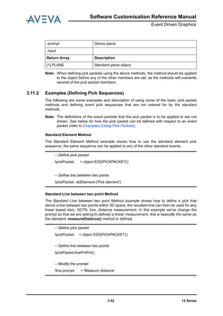 12 Series3:52
Software Customisation Reference Manual
Event Driven Graphics
Note: When defining pick packets using the above methods, the method should be applied
to the object before any of the other members are set, as the methods will overwrite
several of the pick packet members.
3.11.2 Examples (Defining Pick Sequences)
The following are some examples and description of using some of the basic pick packet
methods and defining event pick sequences that are not catered for by the standard
methods.
Note: The definitions of the event packets that the pick packet is to be applied to are not
shown. See below for how the pick packet can be defined with respect to an event
packet (refer to Examples (Using Pick Packets).
Standard Element Method
The Standard Element Method example shows how to use the standard element pick
sequence, the same sequence can be applied to any of the other standard events.
Standard Line between two point Method
The Standard Line between two point Method example shows how to define a pick that
derive a line between two points within 3D space, the resultant line can then be used for any
linear based item, SCTN, line, distance measurement. In this example we've change the
prompt so that we are asking to defined a linear measurement, this is basically the same as
the standard .measureDistance() method is defined.
.prompt Derive plane.
.input
Return Array Description
[1] PLANE Standard plane object.
-- Define pick packet
!pickPacket = object EDGPICKPACKET()
-- Define line between two points
!pickPacket. stdElement ('Pick element')
-- Define pick packet
!pickPacket = object EDGPICKPACKET()
-- Define line between two points
!pickPacket.linePntPnt()
-- Modify the prompt
!this.prompt = 'Measure distance'
 