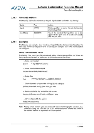 Software Customisation Reference Manual
Event Driven Graphics
12 Series3:61
3.13.3 Published Interface
The following are the two members of the pick object used to control the pick filtering:
3.13.4 Examples
The following are examples show how to set the pick filter, the first example shows how the
filter is set from the event packet level. All subsequent examples show what filter rules that
can be applied.
Setting Filter from Event Packet
The Setting Filter from Event Packet example shows how the element filter can be set, so
that only element beneath an equipment or sub-equipment can be picked.
Note: As only certain element types can be actually picked from the graphic canvases, e.g.
primitives, tubing, etc. Then the rule MUST in this case check whether the parent of
the element is either an equipment or sub-equipment.
Name Type Action
.input ARRAY Picking qualifiers to restrict the data that can be
graphically picked.
.modifiable BOOLEAN True if the standard filtering utilities are to be
applied to the pick when it is active or added
onto the pick stack.
-- Define event packet
!packet = object EDGPACKET()
-- Define standard element pick
!packet.elementPick('Pick Element')
-- Define Rule
!rule = 'TYPE of OWNER inset (|EQUI|,|SUBE|)'
-- Set the pick filter for element to only equip and subequip
!packet.pickPacket.picks[1].pick.input[3] = !rule
-- Set the modifiable flag, so that the rule is used
!packet.pickPacket.picks[1].pick.modifiable = false
-- Add event packet to the system
!!edgCntrl.add(!packet)
 