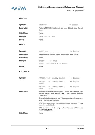12 SeriesA:8
Software Customisation Reference Manual
PML 1 Expressions
DELETED
EMPTY
MATCHWILD
Synopsis DELETED -> logical
Description Returns TRUE if the element has been deleted since the set
date.
Side Effects None.
Example DELETED -> TRUE
Errors None.
Synopsis EMPTY(text) -> logical
Description Returns TRUE if text is a zero length string, else FALSE
Side Effects None.
Example EMPTY(‘’) -> TRUE
EMPTY(‘not empty’) -> FALSE
Errors None.
Synopsis MATCHW/ILD( text1, text2) -> logical
MATCHW/ILD( text1, text2,
text3)
-> logical
MATCHW/ILD( text1, text2,
text3, text4)
-> logical
Description Matches string text2 to string text1. If they are the same then
returns TRUE, else FALSE. text2 may contain wildcard
characters.
The defaults for wildcards are ‘*’ for any number of characters,
and ‘?’ for a single character.
With three arguments, the multiple wildcard character ‘*’ may
be redefined by text3.
With four arguments the single wildcard character ‘?’ may be
redefined by text4.
Side Effects None
 