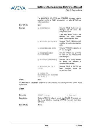 12 SeriesA:10
Software Customisation Reference Manual
PML 1 Expressions
The MODIFIED, DELETED and CREATED functions are not implemented within PML2
expressions.
UNSET
The MODIFIED, DELETED and CREATED functions may go
anywhere within a PML1 expression. i.e. after Q/VAR and
within collections
Side Effects None
Example Q MODIFIED() Returns TRUE if element has
changed at all since the
comparison date.
It will also return TRUE if the
element has been created
since the comparison date.
Q MODIFIED(POS,ORI) Returns TRUE if POS or ORI
modified since the comparison
date.
Q MODIFIED(P1 POS) Returns TRUE if the position of
P1 has changed.
Q MODIFIED(GEOM
DESCENDANTS
Returns TRUE if any geometry
for item or any descendants
has changed
Q MODIFIED(PRIMARY) Returns TRUE if any element
for which this element is
primary, has changed.
Q MODIFIED() OF /
PIPE1
Returns TRUE if /PIPE1 has
been modified since the
comparison date.
Q (BUIL OR
MODIFIED()OR ELECREC
OF NEXT )
Errors None.
Synopsis UNSET(value) -> logical
Description Returns TRUE if value is unset, else FALSE. The value can
be of any data type including ARRAYS. Normally it will be a
attribute.
Side Effects None.
 