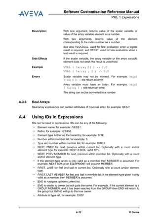 12 SeriesA:22
Software Customisation Reference Manual
PML 1 Expressions
A.3.6 Real Arrays
Real array expressions can contain attributes of type real array, for example: DESP.
A.4 Using IDs in Expressions
IDs can be used in expressions. IDs can be any of the following:
• Element name, for example: /VESS1.
• Refno, for example: =23/456.
• Element type further up the hierarchy, for example: SITE.
• Number within member list, for example: 3.
• Type and number within member list, for example: BOX 3.
• NEXT, PREV for next, previous within current list. Optionally with a count and/or
element type, for example: NEXT 2 BOX, LAST CYL.
• NEXT, PREV MEMBER for next, previous within member list. Optionally with a count
and/or element type.
• If the element type given is only valid as a member then MEMBER is assumed. For
example, NEXT BOX at an EQUIPMENT will assume MEMBER.
• FIRST, LAST for first and last in current list. Optionally with a count and/or element
type.
• FIRST, LAST MEMBER for first and last in member list. If the element type given is only
valid as a member then MEMBER is assumed.
• END to navigate up from current list.
• END is similar to owner but not quite the same. For example, if the current element is a
GROUP MEMBER, and it has been reached from the GROUP then END will return to
the group but OWNE will go to the true owner.
• Attribute of type ref, for example: CREF
Description With one argument, returns value of the scalar variable or
value of the array variable element as a number.
With two arguments, returns value of the element
corresponding to the index number as a number.
See also VLOGICAL, used for late evaluation when a logical
result is required, and VTEXT, used for late evaluation when a
text result is required.
Side Effects If the scalar variable, the array variable or the array variable
element does not exist, the result is undefined.
Example VVAL ( !array[1] ) -> 1.0
VVAL ( !array , 2 ) -> 0.0
Errors Scalar variable may not be indexed. For example, VTEXT
(!var[1]) ) will return an error.
Array variable must have an index. For example, VTEXT
( !array ) ) will return an error.
The string can not be converted to a number.
 