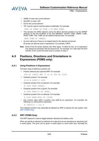 Software Customisation Reference Manual
PML 1 Expressions
12 SeriesA:23
• SAME to mean last current element
• NULREF to mean =0/0
• CE for the current element
• ’OF’ may be used to nest the options indefinitely. For example:
SPEC OF SPREF OF FLAN 1 OF NEXT BRAN.
• This denotes the SPEC element owing the SELE element pointed to by the SPREF
attribute on the first FLANGE of the next BRANCH. ILEAVE TUBE, IARRIV TUBE,
HEAD TUBE, TAIL TUBE can be added to denote tube. For example:
HEAD TUBE OF /BRAN1.
• An error will occur if there is no implied tube for the element concerned.
ID arrays can also be used in expressions. For example, CRFA.
Note: Some of the ID syntax clashes with other types. To allow for this, an id expression
may always be preceded with the keyword ID. For example, ID 3 will mean the third
member of the current list rather than a number of value 3.
A.5 Positions, Directions and Orientations in
Expressions (PDMS only)
A.5.1 Using Positions in Expressions
The basic ways of defining a position are:
• Position attribute plus optional WRT. For example:
POS OF /VESS1 WRT /* or P1 POS OF /CYL2
• Cartesian position. For example:
N 45 W 20000 U 1000
• Cartesian position from an element. For example:
N 1000 FROM /ATEST.
• Cartesian position from a ppoint. For example:
N 1000 FROM P1 OF /BOX2.
• Cartesian position from an attribute. For example:
N 1000 FROM POSS OF /SCTN1
• Any numeric value within a position may itself be an expression. For example: the
following is a valid position expression
N (DESP[1] + 10) E
The Cartesian position may optionally be followed by WRT to specify the axis system. See
WRT (PDMS Only).
A.5.2 WRT (PDMS Only)
The WRT keyword is used to toggle between absolute and relative units.
When we specify an element (or attribute of an element) we are specifying an absolute point
in world space. The point can be given in world space or some other axis. Normally the
 