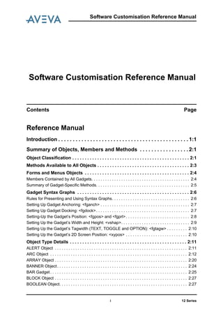 Software Customisation Reference Manual
Contents Page
12 Seriesi
Software Customisation Reference Manual
Reference Manual
Introduction . . . . . . . . . . . . . . . . . . . . . . . . . . . . . . . . . . . . . . . . . . . . . 1:1
Summary of Objects, Members and Methods . . . . . . . . . . . . . . . . . 2:1
Object Classification . . . . . . . . . . . . . . . . . . . . . . . . . . . . . . . . . . . . . . . . . . . . . . . 2:1
Methods Available to All Objects . . . . . . . . . . . . . . . . . . . . . . . . . . . . . . . . . . . . . 2:3
Forms and Menus Objects . . . . . . . . . . . . . . . . . . . . . . . . . . . . . . . . . . . . . . . . . . 2:4
Members Contained by All Gadgets. . . . . . . . . . . . . . . . . . . . . . . . . . . . . . . . . . . . . . . . . . . 2:4
Summary of Gadget-Specific Methods. . . . . . . . . . . . . . . . . . . . . . . . . . . . . . . . . . . . . . . . . 2:5
Gadget Syntax Graphs . . . . . . . . . . . . . . . . . . . . . . . . . . . . . . . . . . . . . . . . . . . . . 2:6
Rules for Presenting and Using Syntax Graphs. . . . . . . . . . . . . . . . . . . . . . . . . . . . . . . . . . 2:6
Setting Up Gadget Anchoring: <fganch> . . . . . . . . . . . . . . . . . . . . . . . . . . . . . . . . . . . . . . . 2:7
Setting Up Gadget Docking: <fgdock>. . . . . . . . . . . . . . . . . . . . . . . . . . . . . . . . . . . . . . . . . 2:7
Setting-Up the Gadget’s Position: <fgpos> and <fgprl>. . . . . . . . . . . . . . . . . . . . . . . . . . . . 2:8
Setting Up the Gadget’s Width and Height: <vshap>. . . . . . . . . . . . . . . . . . . . . . . . . . . . . . 2:9
Setting Up the Gadget’s Tagwidth (TEXT, TOGGLE and OPTION): <fgtagw> . . . . . . . . . 2:10
Setting Up the Gadget’s 2D Screen Position: <xypos> . . . . . . . . . . . . . . . . . . . . . . . . . . . 2:10
Object Type Details . . . . . . . . . . . . . . . . . . . . . . . . . . . . . . . . . . . . . . . . . . . . . . . 2:11
ALERT Object . . . . . . . . . . . . . . . . . . . . . . . . . . . . . . . . . . . . . . . . . . . . . . . . . . . . . . . . . . 2:11
ARC Object . . . . . . . . . . . . . . . . . . . . . . . . . . . . . . . . . . . . . . . . . . . . . . . . . . . . . . . . . . . . 2:12
ARRAY Object . . . . . . . . . . . . . . . . . . . . . . . . . . . . . . . . . . . . . . . . . . . . . . . . . . . . . . . . . . 2:20
BANNER Object. . . . . . . . . . . . . . . . . . . . . . . . . . . . . . . . . . . . . . . . . . . . . . . . . . . . . . . . . 2:24
BAR Gadget . . . . . . . . . . . . . . . . . . . . . . . . . . . . . . . . . . . . . . . . . . . . . . . . . . . . . . . . . . . . 2:25
BLOCK Object . . . . . . . . . . . . . . . . . . . . . . . . . . . . . . . . . . . . . . . . . . . . . . . . . . . . . . . . . . 2:27
BOOLEAN Object. . . . . . . . . . . . . . . . . . . . . . . . . . . . . . . . . . . . . . . . . . . . . . . . . . . . . . . . 2:27
 