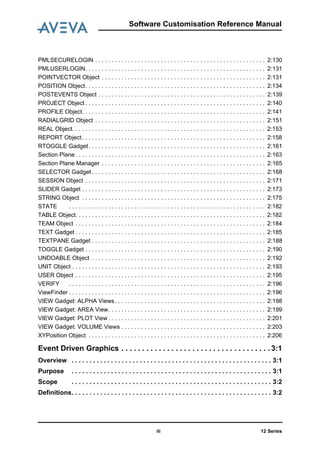 12 Series
Software Customisation Reference Manual
iii
PMLSECURELOGIN . . . . . . . . . . . . . . . . . . . . . . . . . . . . . . . . . . . . . . . . . . . . . . . . . . . . 2:130
PMLUSERLOGIN. . . . . . . . . . . . . . . . . . . . . . . . . . . . . . . . . . . . . . . . . . . . . . . . . . . . . . . 2:131
POINTVECTOR Object . . . . . . . . . . . . . . . . . . . . . . . . . . . . . . . . . . . . . . . . . . . . . . . . . . 2:131
POSITION Object. . . . . . . . . . . . . . . . . . . . . . . . . . . . . . . . . . . . . . . . . . . . . . . . . . . . . . . 2:134
POSTEVENTS Object . . . . . . . . . . . . . . . . . . . . . . . . . . . . . . . . . . . . . . . . . . . . . . . . . . . 2:139
PROJECT Object . . . . . . . . . . . . . . . . . . . . . . . . . . . . . . . . . . . . . . . . . . . . . . . . . . . . . . . 2:140
PROFILE Object. . . . . . . . . . . . . . . . . . . . . . . . . . . . . . . . . . . . . . . . . . . . . . . . . . . . . . . . 2:141
RADIALGRID Object . . . . . . . . . . . . . . . . . . . . . . . . . . . . . . . . . . . . . . . . . . . . . . . . . . . . 2:151
REAL Object. . . . . . . . . . . . . . . . . . . . . . . . . . . . . . . . . . . . . . . . . . . . . . . . . . . . . . . . . . . 2:153
REPORT Object. . . . . . . . . . . . . . . . . . . . . . . . . . . . . . . . . . . . . . . . . . . . . . . . . . . . . . . . 2:158
RTOGGLE Gadget. . . . . . . . . . . . . . . . . . . . . . . . . . . . . . . . . . . . . . . . . . . . . . . . . . . . . . 2:161
Section Plane . . . . . . . . . . . . . . . . . . . . . . . . . . . . . . . . . . . . . . . . . . . . . . . . . . . . . . . . . . 2:163
Section Plane Manager . . . . . . . . . . . . . . . . . . . . . . . . . . . . . . . . . . . . . . . . . . . . . . . . . . 2:165
SELECTOR Gadget . . . . . . . . . . . . . . . . . . . . . . . . . . . . . . . . . . . . . . . . . . . . . . . . . . . . . 2:168
SESSION Object . . . . . . . . . . . . . . . . . . . . . . . . . . . . . . . . . . . . . . . . . . . . . . . . . . . . . . . 2:171
SLIDER Gadget . . . . . . . . . . . . . . . . . . . . . . . . . . . . . . . . . . . . . . . . . . . . . . . . . . . . . . . . 2:173
STRING Object . . . . . . . . . . . . . . . . . . . . . . . . . . . . . . . . . . . . . . . . . . . . . . . . . . . . . . . . 2:175
STATE . . . . . . . . . . . . . . . . . . . . . . . . . . . . . . . . . . . . . . . . . . . . . . . . . . . . . . . . . . . . 2:182
TABLE Object. . . . . . . . . . . . . . . . . . . . . . . . . . . . . . . . . . . . . . . . . . . . . . . . . . . . . . . . . . 2:182
TEAM Object . . . . . . . . . . . . . . . . . . . . . . . . . . . . . . . . . . . . . . . . . . . . . . . . . . . . . . . . . . 2:184
TEXT Gadget . . . . . . . . . . . . . . . . . . . . . . . . . . . . . . . . . . . . . . . . . . . . . . . . . . . . . . . . . . 2:185
TEXTPANE Gadget . . . . . . . . . . . . . . . . . . . . . . . . . . . . . . . . . . . . . . . . . . . . . . . . . . . . . 2:188
TOGGLE Gadget . . . . . . . . . . . . . . . . . . . . . . . . . . . . . . . . . . . . . . . . . . . . . . . . . . . . . . . 2:190
UNDOABLE Object . . . . . . . . . . . . . . . . . . . . . . . . . . . . . . . . . . . . . . . . . . . . . . . . . . . . . 2:192
UNIT Object . . . . . . . . . . . . . . . . . . . . . . . . . . . . . . . . . . . . . . . . . . . . . . . . . . . . . . . . . . . 2:193
USER Object . . . . . . . . . . . . . . . . . . . . . . . . . . . . . . . . . . . . . . . . . . . . . . . . . . . . . . . . . . 2:195
VERIFY . . . . . . . . . . . . . . . . . . . . . . . . . . . . . . . . . . . . . . . . . . . . . . . . . . . . . . . . . . . . 2:196
ViewFinder . . . . . . . . . . . . . . . . . . . . . . . . . . . . . . . . . . . . . . . . . . . . . . . . . . . . . . . . . . . . 2:196
VIEW Gadget: ALPHA Views. . . . . . . . . . . . . . . . . . . . . . . . . . . . . . . . . . . . . . . . . . . . . . 2:198
VIEW Gadget: AREA View. . . . . . . . . . . . . . . . . . . . . . . . . . . . . . . . . . . . . . . . . . . . . . . . 2:199
VIEW Gadget: PLOT View . . . . . . . . . . . . . . . . . . . . . . . . . . . . . . . . . . . . . . . . . . . . . . . . 2:201
VIEW Gadget: VOLUME Views . . . . . . . . . . . . . . . . . . . . . . . . . . . . . . . . . . . . . . . . . . . . 2:203
XYPosition Object . . . . . . . . . . . . . . . . . . . . . . . . . . . . . . . . . . . . . . . . . . . . . . . . . . . . . . 2:206
Event Driven Graphics . . . . . . . . . . . . . . . . . . . . . . . . . . . . . . . . . . . . 3:1
Overview . . . . . . . . . . . . . . . . . . . . . . . . . . . . . . . . . . . . . . . . . . . . . . . . . . . . . . . . 3:1
Purpose . . . . . . . . . . . . . . . . . . . . . . . . . . . . . . . . . . . . . . . . . . . . . . . . . . . . . . . . 3:1
Scope . . . . . . . . . . . . . . . . . . . . . . . . . . . . . . . . . . . . . . . . . . . . . . . . . . . . . . . . 3:2
Definitions. . . . . . . . . . . . . . . . . . . . . . . . . . . . . . . . . . . . . . . . . . . . . . . . . . . . . . . . 3:2
 