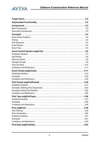 12 Seriesiv
Software Customisation Reference Manual
Target Users . . . . . . . . . . . . . . . . . . . . . . . . . . . . . . . . . . . . . . . . . . . . . . . . . . . . . . 3:2
Superseded Functionality . . . . . . . . . . . . . . . . . . . . . . . . . . . . . . . . . . . . . . . . . . . 3:2
Components . . . . . . . . . . . . . . . . . . . . . . . . . . . . . . . . . . . . . . . . . . . . . . . . . . . . . . 3:3
Main Components . . . . . . . . . . . . . . . . . . . . . . . . . . . . . . . . . . . . . . . . . . . . . . . . . . . . . . . . 3:3
Secondary Components. . . . . . . . . . . . . . . . . . . . . . . . . . . . . . . . . . . . . . . . . . . . . . . . . . . . 3:3
Concepts . . . . . . . . . . . . . . . . . . . . . . . . . . . . . . . . . . . . . . . . . . . . . . . . . . . . . . . . 3:4
Event Driven Graphics . . . . . . . . . . . . . . . . . . . . . . . . . . . . . . . . . . . . . . . . . . . . . . . . . . . . . 3:4
Picking . . . . . . . . . . . . . . . . . . . . . . . . . . . . . . . . . . . . . . . . . . . . . . . . . . . . . . . . . . . . . . 3:4
Pick Sequence . . . . . . . . . . . . . . . . . . . . . . . . . . . . . . . . . . . . . . . . . . . . . . . . . . . . . . . . . . . 3:5
Event Packet . . . . . . . . . . . . . . . . . . . . . . . . . . . . . . . . . . . . . . . . . . . . . . . . . . . . . . . . . . . . 3:5
Event Flow . . . . . . . . . . . . . . . . . . . . . . . . . . . . . . . . . . . . . . . . . . . . . . . . . . . . . . . . . . . . . . 3:5
Event Control System (edgCntrl) . . . . . . . . . . . . . . . . . . . . . . . . . . . . . . . . . . . . . 3:6
Published Interface. . . . . . . . . . . . . . . . . . . . . . . . . . . . . . . . . . . . . . . . . . . . . . . . . . . . . . . . 3:7
Add Packet. . . . . . . . . . . . . . . . . . . . . . . . . . . . . . . . . . . . . . . . . . . . . . . . . . . . . . . . . . . . . . 3:8
Remove Packet . . . . . . . . . . . . . . . . . . . . . . . . . . . . . . . . . . . . . . . . . . . . . . . . . . . . . . . . . . 3:9
Change Prompts . . . . . . . . . . . . . . . . . . . . . . . . . . . . . . . . . . . . . . . . . . . . . . . . . . . . . . . . . 3:9
View the Stack . . . . . . . . . . . . . . . . . . . . . . . . . . . . . . . . . . . . . . . . . . . . . . . . . . . . . . . . . . 3:10
Limitations and Restrictions . . . . . . . . . . . . . . . . . . . . . . . . . . . . . . . . . . . . . . . . . . . . . . . . 3:11
Event Packet (edgPacket) . . . . . . . . . . . . . . . . . . . . . . . . . . . . . . . . . . . . . . . . . . 3:11
Published Interface. . . . . . . . . . . . . . . . . . . . . . . . . . . . . . . . . . . . . . . . . . . . . . . . . . . . . . . 3:15
Examples . . . . . . . . . . . . . . . . . . . . . . . . . . . . . . . . . . . . . . . . . . . . . . . . . . . . . . . . . . . . . 3:23
Limitations and Restrictions . . . . . . . . . . . . . . . . . . . . . . . . . . . . . . . . . . . . . . . . . . . . . . . . 3:29
Pick Packet (edgPickPacket) . . . . . . . . . . . . . . . . . . . . . . . . . . . . . . . . . . . . . . . 3:30
Published Interface. . . . . . . . . . . . . . . . . . . . . . . . . . . . . . . . . . . . . . . . . . . . . . . . . . . . . . . 3:31
Examples (Defining Pick Sequences) . . . . . . . . . . . . . . . . . . . . . . . . . . . . . . . . . . . . . . . . 3:52
Examples (Using Pick Packets) . . . . . . . . . . . . . . . . . . . . . . . . . . . . . . . . . . . . . . . . . . . . . 3:54
Limitations and Restrictions . . . . . . . . . . . . . . . . . . . . . . . . . . . . . . . . . . . . . . . . . . . . . . . . 3:56
Pick Type (edgPickType). . . . . . . . . . . . . . . . . . . . . . . . . . . . . . . . . . . . . . . . . . . 3:56
Published Interface. . . . . . . . . . . . . . . . . . . . . . . . . . . . . . . . . . . . . . . . . . . . . . . . . . . . . . . 3:57
Examples . . . . . . . . . . . . . . . . . . . . . . . . . . . . . . . . . . . . . . . . . . . . . . . . . . . . . . . . . . . . . 3:59
Limitations and Restrictions . . . . . . . . . . . . . . . . . . . . . . . . . . . . . . . . . . . . . . . . . . . . . . . . 3:59
Pick (edgPick). . . . . . . . . . . . . . . . . . . . . . . . . . . . . . . . . . . . . . . . . . . . . . . . . . . . 3:59
Pick Filtering. . . . . . . . . . . . . . . . . . . . . . . . . . . . . . . . . . . . . . . . . . . . . . . . . . . . . . . . . . . . 3:59
Rule Combination. . . . . . . . . . . . . . . . . . . . . . . . . . . . . . . . . . . . . . . . . . . . . . . . . . . . . . . . 3:60
Published Interface. . . . . . . . . . . . . . . . . . . . . . . . . . . . . . . . . . . . . . . . . . . . . . . . . . . . . . . 3:61
Examples . . . . . . . . . . . . . . . . . . . . . . . . . . . . . . . . . . . . . . . . . . . . . . . . . . . . . . . . . . . . . 3:61
Limitations and Restrictions . . . . . . . . . . . . . . . . . . . . . . . . . . . . . . . . . . . . . . . . . . . . . . . . 3:63
Pick Data (edgPickData) . . . . . . . . . . . . . . . . . . . . . . . . . . . . . . . . . . . . . . . . . . . 3:63
 