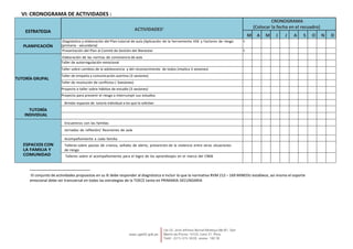 VI: CRONOGRAMA DE ACTIVIDADES :
ESTRATEGIA ACTIVIDADES1
CRONOGRAMA
(Colocar la fecha en el recuadro)
M A M J J A S O N D
PLANIFICACIÓN
Diagnóstico y elaboración del Plan tutorial de aula (Aplicación de la herramienta HSE y Factores de riesgo
(primaria - secundaria)
x
Presentación del Plan al Comité de Gestión del Bienestar x
TUTORÍA GRUPAL
Elaboración de las normas de convivencia de aula
Taller de autorregulación emocional
Taller sobre cambios de la adolescencia y del reconocimiento de todos (implica 3 sesiones)
Taller de empatía y comunicación asertiva (3 sesiones)
Taller de resolución de conflictos ( 3sesiones)
Proyecto o taller sobre hábitos de estudio (3 sesiones)
Proyecto para prevenir el riesgo a interrumpir sus estudios
TUTORÍA
INDIVIDUAL
Brindar espacios de tutoría individual a los que lo solicitan
ESPACIOS CON
LA FAMILIA Y
COMUNIDAD
Encuentros con las familias
Jornadas de reflexión/ Reuniones de aula
Acompañamiento a cada familia
Talleres sobre pautas de crianza, señales de alerta, prevención de la violencia entre otras situaciones
de riesgo
Talleres sobre el acompañamiento para el logro de los aprendizajes en el marco del CNEB
1
El conjunto de actividades propuestas en su IE debe responder al diagnóstico e incluir lo que la normativa RVM 212 – 169 MINEDU establece, así mismo el soporte
emocional debe ser transversal en todas las estrategias de la TOECE tanto en PRIMARIA-SECUNDARIA
 