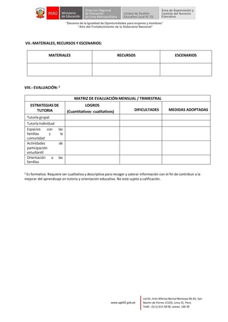 “Decenio de la Igualdad de Oportunidades para mujeres y hombres”
“Año del Fortalecimiento de la Soberanía Nacional”
Lte 02, Jirón Alfonso Bernal Montoya Mz B1, San
Martín de Porres 15103, Lima 31, Perú.
Teléf.: (511) 615 58 00, anexo: 160 39
www.ugel02.gob.pe
VII.-MATERIALES, RECURSOS Y ESCENARIOS:
MATERIALES RECURSOS ESCENARIOS
VIII.- EVALUACIÓN: 2
MATRIZ DE EVALUACIÓN MENSUAL / TRIMESTRAL
ESTRATEGIAS DE
TUTORIA
LOGROS
(Cuantitativos- cualitativos) DIFICULTADES MEDIDAS ADOPTADAS
Tutoría grupal
Tutoría Individual
Espacios con las
familias y la
comunidad
Actividades de
participación
estudiantil
Orientación a las
familias
2 Es formativa. Requiere ser cualitativa y descriptiva para recoger y valorar información con el fin de contribuir a la
mejorar del aprendizaje en tutoría y orientación educativa. No está sujeta a calificación.
 