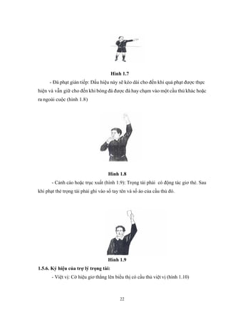 22
Hình 1.7
- Đá phạt gián tiếp: Dấu hiệu này sẽ kéo dài cho đến khi quả phạt được thực
hiện và vẫn giữ cho đến khi bóng đá được đá hay chạm vào một cầu thủ khác hoặc
ra ngoài cuộc (hình 1.8)
Hình 1.8
- Cảnh cáo hoặc trục xuất (hình 1.9): Trọng tài phải có động tác giơ thẻ. Sau
khi phạt thẻ trọng tài phải ghi vào sổ tay tên và số áo của cầu thủ đó.
Hình 1.9
1.5.6. Ký hiệu của trợ lý trọng tài:
- Việt vị: Cờ hiệu giơ thẳng lên biểu thị có cầu thủ việt vị (hình 1.10)
Tải bản FULL (43 trang): https://bit.ly/2QqPeav
Dự phòng: fb.com/TaiHo123doc.net
 