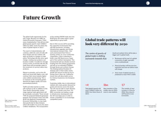 10 11
The Channel Group www.thechannelgroup.org
The global trade opportunity for the
UK is huge. Research for HSBC by
Oxford Economics forecasts a “third
wave of globalisation” that will see total
global goods exports reach US$68.5
trillion by 2050, nearly four times the
value of global exports in 2015.1
					
The march of industrialisation will
continue, while the costs of trade will
drop sharply and new markets will
open up thanks to changes in trade
policy. Technology will also drive rapid
change, creating new products and
business models. Crucially for strongly
service-centric economies like the UK,
trade flows will increasingly relate to
the movement of services rather than
products.
Mature economies, such as the UK,
which are faced with higher costs, will
continue their move towards higher-
value-added manufacturing. This is
in response to the increasing global
demand for higher-quality and more
personalised products.			
		
Tariffs and other barriers to trade
will continue to fall. In addition to the
Trans-Pacific Partnership, further
mega-regional trade agreements will
be eventually concluded. These include
TTIP, the proposed bilateral agreement
between the European Union and USA.
RCEP, the Regional Comprehensive
Economic Partnership, is a key trade
deal specifically for New Zealand,
which will enable it to access the area's
3 billion inhabitants. The incorporation
of the existing ASEAN trade area into
RCEP gives the entire region a great
opportunity to grow trade.
Key to their success will be providing
the supportive environment that
will help businesses, including
infrastructure upgrades and strong
international transport links. One
such environment that China is
backing centres on cross-continental
cooperation. China is planning to
build a new Silk Road across a large
part of the northern hemisphere. This
monumental task has already received
funding from the Chinese government
and will run an estimated 9,000km
through Russia and northern Europe.
The thinking behind President Xi
Jinping’s plan is that it takes nearly
double the amount of time by sea to
Europe than it does rail. Cutting the
transit time will allow better access
for Chinese businesses into European
markets.
A growing middle class in international
markets will create greater demand for
goods and services across the world.
The UK must be able to meet demand,
wherever it should come from. The
BRIC economies are leading a surge
in infrastructure development and
the UK must keep pace in order to
remain competitive in an increasingly
competitive world.
Future Growth
Global trade patterns will
look very different by 20503
3bn
New members of the
middle class by 2050,
most in new markets.
The centre of gravity of
global trade is shifting
eastwards towards Asia
Small and medium firms will be play a
bigger part in global trade:
•	 Businesses will be part of a global
connection of agile, specialist
micro-multinationals
•	 Physical borders will become less
important and how we define trade
will change
•	 Asia’s share of global exports is
predicted to reach 46% in 2050
×4
Total global exports will
reach US$68.5 trillion by
2050, four times those of
2015.
3
HSBC, Global Connections
November 2015
17
The number of new
runways in China by
2036. New airports
will flourish in new
economies.
1
HSBC, Global Connections
November 2015
2
Mayor of London, London
Infrastructure Plan 2050, (2015).
 