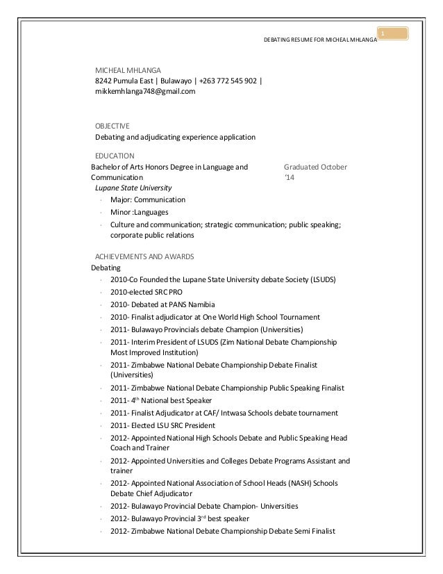 Micheal Mhlanga Debating Resume 2015