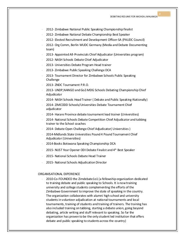 micheal mhlanga debating resume 2015