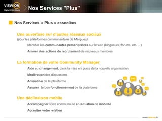 Notre Plateforme CommunautairePartage de documentsChargement de documents textes, photos, vidéosGestion des autorisations d’accès à l’ensemble ou certains des membresRenseignement de tags et descriptionsClassement et consultation des documents dans la bibliothèque ou les groupes de discussionsVotre MarqueVotre Marque