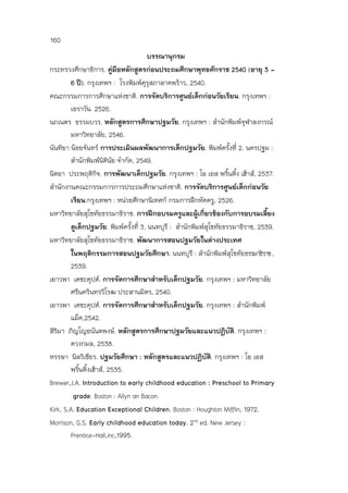 160
บรรณานุกรม
กระทรวงศึกษาธิการ. คู่มือหลักสูตรก่อนประถมศึกษาพุทธศักราช 2540 (อายุ 3 –
6 ปี). กรุงเทพฯ : โรงพิมพ์คุรุสภาลาดพร้าว, 2540.
คณะกรรมการการศึกษาแห่งชาติ. การจัดบริการศูนย์เด็กก่อนวัยเรียน. กรุงเทพฯ :
เอราวัน. 2526.
นภเนตร ธรรมบวร. หลักสูตรการศึกษาปฐมวัย. กรุงเทพฯ : สานักพิมพ์จุฬาลงกรณ์
มหาวิทยาลัย, 2546.
นันทิยา น้อยจันทร์ การประเมินผลพัฒนาการเด็กปฐมวัย. พิมพ์ครั้งที่ 2. นครปฐม :
สานักพิมพ์นิตินัย จากัด, 2549.
นิตยา ประพฤติกิจ. การพัฒนาเด็กปฐมวัย. กรุงเทพฯ : โอ เอส พริ้นติ้ง เฮ้าส์, 2537.
สานักงานคณะกรรมการการประถมศึกษาแห่งชาติ. การจัดบริการศูนย์เด็กก่อนวัย
เรียน.กรุงเทพฯ : หน่วยศึกษานิเทศก์ กรมการฝึกหัดครู, 2526.
มหาวิทยาลัยสุโขทัยธรรมาธิราช. การฝึกอบรมครูและผู้เกี่ยวข้องกับการอบรมเลี้ยง
ดูเด็กปฐมวัย. พิมพ์ครั้งที่ 3. นนทบุรี : สานักพิมพ์สุโขทัยธรรมาธิราช, 2539.
มหาวิทยาลัยสุโขทัยธรรมาธิราช. พัฒนาการสอนปฐมวัยในต่างประเทศ
ในพฤติกรรมการสอนปฐมวัยศึกษา. นนทบุรี : สำนักพิมพ์สุโขทัยธรรมำธิรำช,
2539.
เยาวพา เดชะคุปต์. การจัดการศึกษาสาหรับเด็กปฐมวัย. กรุงเทพฯ : มหาวิทยาลัย
ศรีนครินทรวิโรฒ ประสานมิตร, 2540.
เยาวพา เดชะคุปต์. การจัดการศึกษาสาหรับเด็กปฐมวัย. กรุงเทพฯ : สานักพิมพ์
แม็ค,2542.
สิริมา ภิญโญอนันตพงษ์. หลักสูตรการศึกษาปฐมวัยและแนวปฏิบัติ. กรุงเทพฯ :
ดวงกมล, 2538.
หรรษา นิลวิเชียร. ปฐมวัยศึกษา : หลักสูตรและแนวปฏิบัติ. กรุงเทพฯ : โอ เอส
พริ้นติ้งเฮ้าส์, 2535.
Brewer,J.A. Introduction to early childhood education : Preschool to Primary
grade. Boston : Allyn an Bacon.
Kirk, S.A. Education Exceptional Children. Boston : Houghton Mifflin, 1972.
Morrison, G.S. Early childhood education today. 2nd ed. New Jersey :
Prentice-Hall,inc,1995.
 