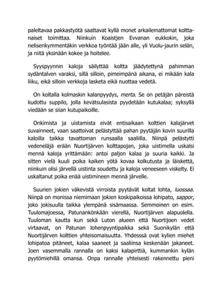 paleltavaa pakkastyötä saattavat kyllä monet arkailemattomat koltta-
naiset toimittaa. Niinkuin Koaistjen Evvanan eukkokin, joka
nelisenkymmentäkin verkkoa työntää jään alle, yli Vuolu-jaurin selän,
ja niitä yksinään kokee ja hoitelee.
Syyspyynnin kaloja säilyttää koltta jäädytettynä pahimman
sydäntalven varaksi, sillä silloin, pimeimpänä aikana, ei mikään kala
liiku, eikä silloin verkkoja lasketa eikä nuottaa vedetä.
On koltalla kolmaskin kalanpyydys, merta. Se on petäjän päreistä
kudottu suppilo, jolla kevätsulasista pyydetään kutukalaa; syksyllä
viedään se siian kutupaikoille.
Onkimista ja uistamista eivät entisaikaan kolttien kalajärvet
suvainneet, vaan saattoivat pelästyttää pahan pyytäjän kovin suurilla
kaloilla taikka tavattoman runsaalla saaliilla. Niinpä pelästytti
vedeneläjä erään Nuortijärven kolttapojan, joka uistimella uskalsi
mennä kaloja yrittämään: antoi paljon kalaa ja suuria kaikki. Ja
sitten vielä kuuli poika kaiken yötä kovaa kolkutusta ja läiskettä,
niinkuin olisi järvellä uistinta soudettu ja kaloja veneeseen viskelty. Ei
uskaltanut poika enää uistimineen mennä järvelle.
Suurien jokien väkevistä virroista pyytävät koltat lohta, luossaa.
Niinpä on monissa niemimaan jokien koskipaikoissa lohipato, sappor,
joko jokisuulla taikka ylempänä sisämaassa. Semmoinen on esim.
Tuulomajoessa, Patunankönkään vierellä, Nuortijärven alapuolella.
Tuuloman kautta kun sekä Luton alueen että Nuortijoen vedet
virtaavat, on Patunan lohenpyyntipaikka sekä Suonikylän että
Nuortijärven kolttien yhteisomaisuutta. Yhdesssä ovat kylien miehet
lohipatoa pitäneet, kalaa saaneet ja saaliinsa keskenään jakaneet.
Joen vasemmalla rannalla on kaksi kalapirttiä, kummankin kylän
pyytömiehillä omansa. Onpa rannalle yhteisesti rakennettu pieni
 