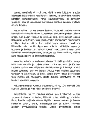 Vanhat metsämiehet muistavat vielä ennen käytetyn ansojen
asemesta aita-aukoissa itseampuvia keihäitä, ja semmoisia hankaita
sanottiin keihäshankaiksi. Vahva kuusenkarhakka oli jännitetty
jouseksi, joka oli ampaissut surmaavan keihään aukosta pyrkivän
peuran kylkeen.
Mutta vahvan lumen aikana laativat lapinukot jänkien välisille
kaitaisille saarekkeille oikean suursurman: silmustivat puitten väleihin
ansan ihan ansan viereen ja välimaat sekä sivut sulkivat aidalla.
Rakensivat vielä toisen, jopa kolmannenkin samanlaisen pauloituksen
edellisen taakse. Sitten kun sattui kovan onnen peuralauma
lähimaille, niin mentiin kymmenin miehin, piiritettiin lauma ja
huutaen ja hoilaten ja meluten ajettiin koko parvi suoraa päätä
kamalaan kuoleman paikkaan, jossa, jos ajo hyvin onnistui, melkein
koko metsäläisparvi sai surullisen loppunsa.
Vanhojen miesten muistannan aikana oli vielä pyydetty peuroja
näin ansahankailla ja paljon saatu, mutta nyt ovat jo Kuollan-
Lapinkin sydänmaista villipeurat niin hävinneet ja hävitetyt, etteipä
niiden pyynnistä juuri voi puhua. Joskus vain jokunen sattumalta
tavataan ja ammutaan, ja silloin tällöin eksyy koltan porotokkaan
joku metsän villi haarasarvi, mutta ihmisen lähestyessä se heti
hurjana kirmaisee korpeen.
Mutta suurmetsien komeita kruunupäitä, hirviä, sörv, on vielä kyllä
Kuollan-Lapissa, ja niitä koltat ahkerasti ajelevat.
Kevättalvella, suuren paaston aikana, kun lumihanget jo ovat
vahvuneet sivakan kantaviksi, lähtevät koltat pitkille pyyntiretkille.
Parin, kolmin, neljinkin miehin liitytään samaan seuraan ja kuusin,
seitsemin poroin, eväät, metsästystarpeet ja sukset ahkioissa
ajellaan pyydyspaikalta toiselle. Omilla pyyntimailla, omien
 