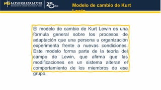 Modelo de cambio de Kurt
Lewin
El modelo de cambio de Kurt Lewin es una
fórmula general sobre los procesos de
adaptación que una persona u organización
experimenta frente a nuevas condiciones.
Este modelo forma parte de la teoría del
campo de Lewin, que afirma que las
modificaciones en un sistema alteran el
comportamiento de los miembros de ese
grupo.
 
