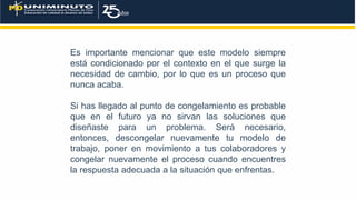 Es importante mencionar que este modelo siempre
está condicionado por el contexto en el que surge la
necesidad de cambio, por lo que es un proceso que
nunca acaba.
Si has llegado al punto de congelamiento es probable
que en el futuro ya no sirvan las soluciones que
diseñaste para un problema. Será necesario,
entonces, descongelar nuevamente tu modelo de
trabajo, poner en movimiento a tus colaboradores y
congelar nuevamente el proceso cuando encuentres
la respuesta adecuada a la situación que enfrentas.
 