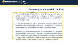 Desventajas del modelo de Kurt
Lewin
1. Por su naturaleza, el modelo es una fórmula general que se
aplica a diferentes escenarios, pero que no tiene en cuenta
las perspectivas individuales de aquellos que se ven afectados
durante el proceso.
2. Al reducir el cambio a pasos concretos y reproducibles, omite
contemplar las variaciones culturales, económicas, sociales o
tecnológicas del contexto en el que ocurre el movimiento.
3. Debido a que este modelo asume la existencia de una etapa de
congelamiento, no considera algunos posibles escenarios en los
que el cambio es constante y no hay tiempo suficiente de llevar
a cabo una completa adaptación. Esto puede ocurrir durante un
conflicto bélico, una crisis económica o un desastre natural
 