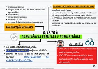 DIREITO À
DIREITO À
CONVIVÊNCIA FAMILIAR E COMUNITÁRIA
CONVIVÊNCIA FAMILIAR E COMUNITÁRIA
Ser criado e educado em sua família
Ser criado e educado em sua família
EXCEPCIONALMENTE
EXCEPCIONALMENTE em família substituta;
em família substituta;
gar
garantia de visitas a pai ou mãe privado de
antia de visitas a pai ou mãe privado de
liberdade -
liberdade - INDEPENDENTE DE
INDEPENDENTE DE
AUTORIZAÇÃO JUDICIAL;
AUTORIZAÇÃO JUDICIAL;
ATENÇÃO
ATENÇÃO
Pais e mães condenados criminalmente não
Pais e mães condenados criminalmente não
perdem o poder familiar
perdem o poder familiar
EXCETO se o crime cometido foi doloso
EXCETO se o crime cometido foi doloso
(cometido cont
(cometido contr
ra o filho, a filha ou outro
a o filho, a filha ou outro
descendente)
descendente)
consentimento dos pais;
pela falta de um dos pais, se o menor tiver dezesseis
anos completos;
pelo casamento;
exercício de emprego efetivo;
pela colação de grau;
se o menor de dezesseis anos tiver economia própria;
reavaliação a cada
reavaliação a cada 3 meses;
3 meses;
d
de acordo com relatórios, o judiciário decidirá a possibilidade
e acordo com relatórios, o judiciário decidirá a possibilidade
de reintegração familiar ou colocação em família substituta;
de reintegração familiar ou colocação em família substituta;
a permanência
a permanência em acolhimento NÃO se prolongará por mais de
em acolhimento NÃO se prolongará por mais de
18 meses;
18 meses;
preferência na reintegração da família da criança ou do
preferência na reintegração da família da criança ou do
adolescente;
adolescente;
EMANCIPAÇÃO DO MENOR
EMANCIPAÇÃO DO MENOR
QUANDO HÁ O ACOLHIMENTO FAMILIAR OU INSTITUCIONAL
QUANDO HÁ O ACOLHIMENTO FAMILIAR OU INSTITUCIONAL
13
 