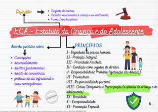 ECA - Estatuto da Criança e do Adolescente
ECA - Estatuto da Criança e do Adolescente
Aborda questões sobre
Aborda questões sobre PRINCÍPIOS
PRINCÍPIOS
Definição:
Definição:
I- Dignidade da pessoa humana
I- Dignidade da pessoa humana
II- Proteção Integral
II- Proteção Integral
III- Prioridade Absoluta
III- Prioridade Absoluta
IV- Condição como sujeitos de direitos
IV- Condição como sujeitos de direitos
V- Responsabilidade Primária (efetivação dos direitos)
V- Responsabilidade Primária (efetivação dos direitos)
VI- Privacidade
VI- Privacidade
VII- Responsabilidade parental
VII- Responsabilidade parental
VIII- Oitiva Obrigatório e Participação (a opinião da criança e do
VIII- Oitiva Obrigatório e Participação (a opinião da criança e do
adolescente)
adolescente)
IX- Brevidade
IX- Brevidade
X - Excepcionalidade
X - Excepcionalidade
XI- Prevenção Especial
XI- Prevenção Especial
Conjunto de normas;
Conjunto de normas;
Assuntos relacionados à criança e ao adolescente;
Assuntos relacionados à criança e ao adolescente;
Forma Interdisciplinar
Forma Interdisciplinar
Concepções
Concepções
desenvolvimento
desenvolvimento
direitos fundamentais
direitos fundamentais
direito de convivência
direito de convivência
práticas de ato infracional e
práticas de ato infracional e
suas consequências
suas consequências
5
 