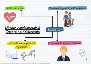 Direitos Fundamentais à
Direitos Fundamentais à
Criança e o Adolescente
Criança e o Adolescente
DIREITO À:
DIREITO À:
Vida e a Saúde
Vida e a Saúde
Liberdade, ao Respeito e à
Liberdade, ao Respeito e à
Dignidade
Dignidade
Profissionalização no Trabalho
Profissionalização no Trabalho
Convivência familiar e Comunitária
Convivência familiar e Comunitária
7
 