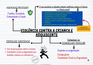 VIOLÊNCIA CONTRA A CRIANÇA E
VIOLÊNCIA CONTRA A CRIANÇA E
ADOLESCENTE
ADOLESCENTE
QUEM DEVE PROTEGER?
QUEM DEVE PROTEGER?
TIPOS DE CASTIGOS
TIPOS DE CASTIGOS
Família, Sociedade,
Família, Sociedade,
Comunidade e Estado
Comunidade e Estado
O que acontece se alguém cometer violência contra a Criança
O que acontece se alguém cometer violência contra a Criança
e o Adolescente?
e o Adolescente?
Comunicar ao
Comunicar ao
CONSELHO TUTELAR
CONSELHO TUTELAR
Suspeita ou confirmação
Suspeita ou confirmação
Uso da força física sobre a criança
Uso da força física sobre a criança
tratamento cruel ou degradante que
tratamento cruel ou degradante que
humilhe, ameace ou ridicularize;
humilhe, ameace ou ridicularize;
encaminhamento a programa oficial ou comunitário;
encaminhamento a programa oficial ou comunitário;
encaminhamento a
encaminhamento a tratamento psicológico;
tratamento psicológico;
encaminhamento a cursos de orientação;
encaminhamento a cursos de orientação;
encaminhar a criança a tratamento especializado;
encaminhar a criança a tratamento especializado;
obrigação de enviar a criança a tratamento especializado;
obrigação de enviar a criança a tratamento especializado;
advertência;
advertência;
garantia de tratamento de saúde à vitima;
garantia de tratamento de saúde à vitima;
Castigo físico
Castigo físico
Tratamento Cruel ou Degradante
Tratamento Cruel ou Degradante
O CONSELHO
O CONSELHO
TUTELAR QUE APLICA
TUTELAR QUE APLICA
9
Atualização 2022
Atualização 2022
 