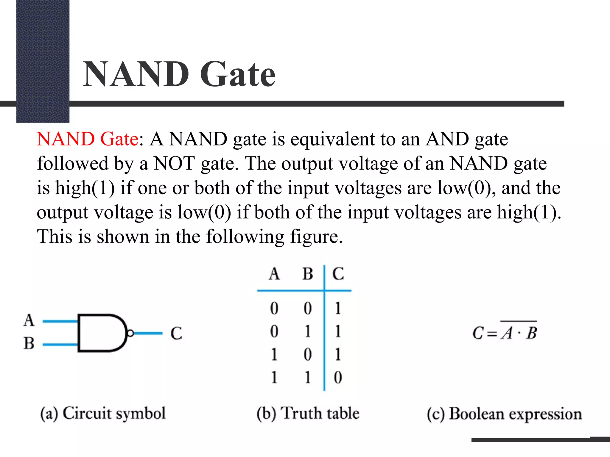 NAND Gate
NAND Gate: A NAND gate is equivalent to an AND gate
followed by a NOT gate. The output voltage of an NAND gate
is high(1) if one or both of the input voltages are low(0), and the
output voltage is low(0) if both of the input voltages are high(1).
This is shown in the following figure.
 