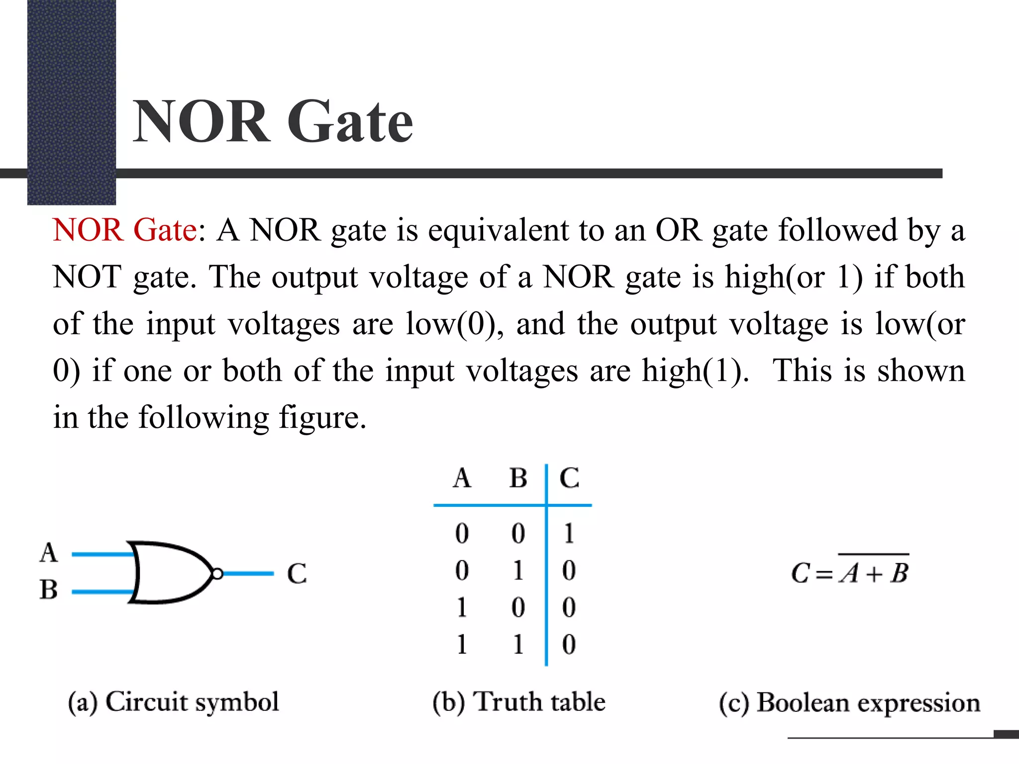 NOR Gate
NOR Gate: A NOR gate is equivalent to an OR gate followed by a
NOT gate. The output voltage of a NOR gate is high(or 1) if both
of the input voltages are low(0), and the output voltage is low(or
0) if one or both of the input voltages are high(1). This is shown
in the following figure.
 