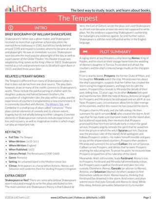 The Tempest
BRIEF BIOGRAPHY OF WILLIAM SHAKESPEARE
Shakespeare's father was a glove-maker, and Shakespeare
received no more than a grammar school education. He
married Anne Hathaway in 1582, but left his family behind
around 1590 and moved to London, where he became an actor
and playwright. He was an immediate success: Shakespeare
soon became the most popular playwright of the day as well as
a part-owner of the Globe Theater. His theater troupe was
adopted by King James as the King's Men in 1603. Shakespeare
retired as a rich and prominent man to Stratford-upon-Avon in
1613, and died three years later.
RELATED LITERARY WORKS
The Tempest is different from many of Shakespeare's plays in
that it does not derive from one clear source. The play does,
however, draw on many of the motifs common to Shakespeare's
works. These include the painful parting of a father with his
daughter, jealousy and hatred between brothers, the
usurpation of a legitimate ruler, the play-within-a-play, and the
experiences of courtiers transplanted to a new environment. It
is commonly classified with Pericles, The Winter's Tale, and
Cymbeline in a small group of plays called "romances." These
plays contain elements of comedy and, to a lesser extent,
tragedy, but do not wholly belong to either category. Common
elements in Shakespearean romances include experiences of
loss and recovery, as well as imaginative realms in which magic
can play an important role.
KEY FACTS
• Full Title: The Tempest
• When Written: 1610-1611
• Where Written: England
• When Published: 1623
• Literary Period: The Renaissance (1500-1660)
• Genre: Romance
• Setting: An unnamed island in the Mediterranean Sea
• Climax: Ariel appears as a harpy before Antonio, Alonso, and
Sebastian and condemns them for stealing Prospero's kingdom
EXTRA CREDIT
Shakespeare or Not? There are some who believe Shakespeare
wasn't educated enough to write the plays attributed to him.
The most common anti-Shakespeare theory is that Edward de
Vere, the Earl of Oxford, wrote the plays and used Shakespeare
as a front man because aristocrats were not supposed to write
plays. Yet the evidence supporting Shakespeare's authorship
far outweighs any evidence against. So until further notice,
Shakespeare is still the most influential writer in the English
language.
A raging storm at sea threatens a ship bearing Alonso, King of
Naples, and his court on their voyage home from the wedding
of Alonso's daughter in Tunisia. Frustrated and afraid, the
courtiers and the ship's crew exchange insults as the ship goes
down.
From a nearby island, Prospero, the former Duke of Milan, and
his daughter Miranda watch the ship. Miranda worries about
the ship's passengers, suspects that her father has created the
storm using his magical powers, and begs him to calm the
waters. Prospero then reveals to Miranda the details of their
past, telling how, 12 years ago, his brother Antonio betrayed
and overthrew him. With the help of Alonso, Antonio arranged
for Prospero and Miranda to be kidnapped and set adrift at sea.
Now, Prospero says, circumstances allow him to take revenge
on his enemies, and for this reason he has conjured the storm.
Prospero charms Miranda, and she falls asleep. He then
summons his spirit-servant Ariel, who created the storm. Ariel
says that he has made sure everyone made it to the island alive,
but scattered separately, then mentions that Prospero
promised to free him from servitude early in return for good
service. Prospero angrily reminds the spirit that he saved him
from the prison in which the witch Sycorax put him. (Sycorax
was the previous ruler of the island.) Ariel apologizes and
follows Prospero's orders—he makes himself invisible and goes
to spy on the shipwrecked courtiers. Prospero then awakens
Miranda and summons his servant Caliban, the son of Sycorax.
Caliban curses Prospero, and denies that he owes Prospero
anything for educating him. To prove his point, he recounts how
Prospero stripped him of his rulership of the island.
Meanwhile, Ariel, still invisible, leads Ferdinand, Alonso's son,
to Prospero. Ferdinand and Miranda fall immediately in love,
but Prospero puts a spell on Ferdinand and takes him into
custody. Elsewhere, Alonso, Gonzalo (an advisor to Alonso),
Antonio, and Sebastian (Alonso's brother) awaken to find
themselves safely on shore. Alonso mourns, thinking that
Ferdinand has drowned in the storm. Ariel enters and plays
solemn music that puts Gonzalo and Alonso to sleep. While
they sleep, Antonio persuades Sebastian to try to murder
INTR
INTRO
O
PL
PLO
OT SUMMARY
T SUMMARY
LitCharts The best way to study, teach, and learn about books.
©2016 LitCharts LLC www.LitCharts.com | Follow us: @litcharts | v.005 Page 1
 