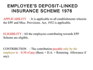 EMPLOYEE'S DEPOSIT-LINKED INSURANCE SCHEME 1976  APPLICABILITY     : It is applicable to all establishments wherein the EPF and Misc. Provisions. Act, 1952 is applicable.                                   ELIGIBILITY  : All the employees contributing towards EPF Scheme are eligible.                                      CONTRIBUTION    : The contribution  payable  only by the employer  is  0.50 of pay  (Basic + D.A. + Retaining  Allowance if any).                                        