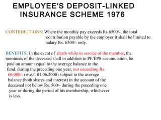 EMPLOYEE'S DEPOSIT-LINKED INSURANCE SCHEME 1976  CONTRIBUTIONS : Where the monthly pay exceeds Rs 6500/-, the total                                      contribution payable by the employer it shall be limited to                                      salary Rs. 6500/- only. BENEFITS:  In the event of  death while in service of the member , the  nominees of the deceased shall in addition to PF/EPS accumulation, be   paid on amount equal to the average balance in the   fund, during the preceding one year,  not exceeding Rs.    60,000/-  (w.e.f. 01.06.2000) subject to the average    balance (both shares and interest) in the account of the    deceased not below Rs. 500/- during the preceding one     year or during the period of his membership, whichever     is less.                                     