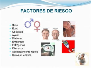 FACTORES DE RIESGO
 Sexo
 Edad
 Obesidad
 Ayuno
 Diabetes
 Embarazo
 Estrógenos
 Fármacos
 Adelgazamiento rápido
 Cirrosis Hepática
 