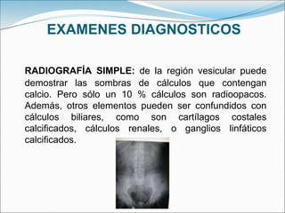 EXAMENES DIAGNOSTICOS
RADIOGRAFÍA SIMPLE: de la región vesicular puede
demostrar las sombras de cálculos que contengan
calcio. Pero sólo un 10 % cálculos son radioopacos.
Además, otros elementos pueden ser confundidos con
cálculos biliares, como son cartílagos costales
calcificados, cálculos renales, o ganglios linfáticos
calcificados.
 